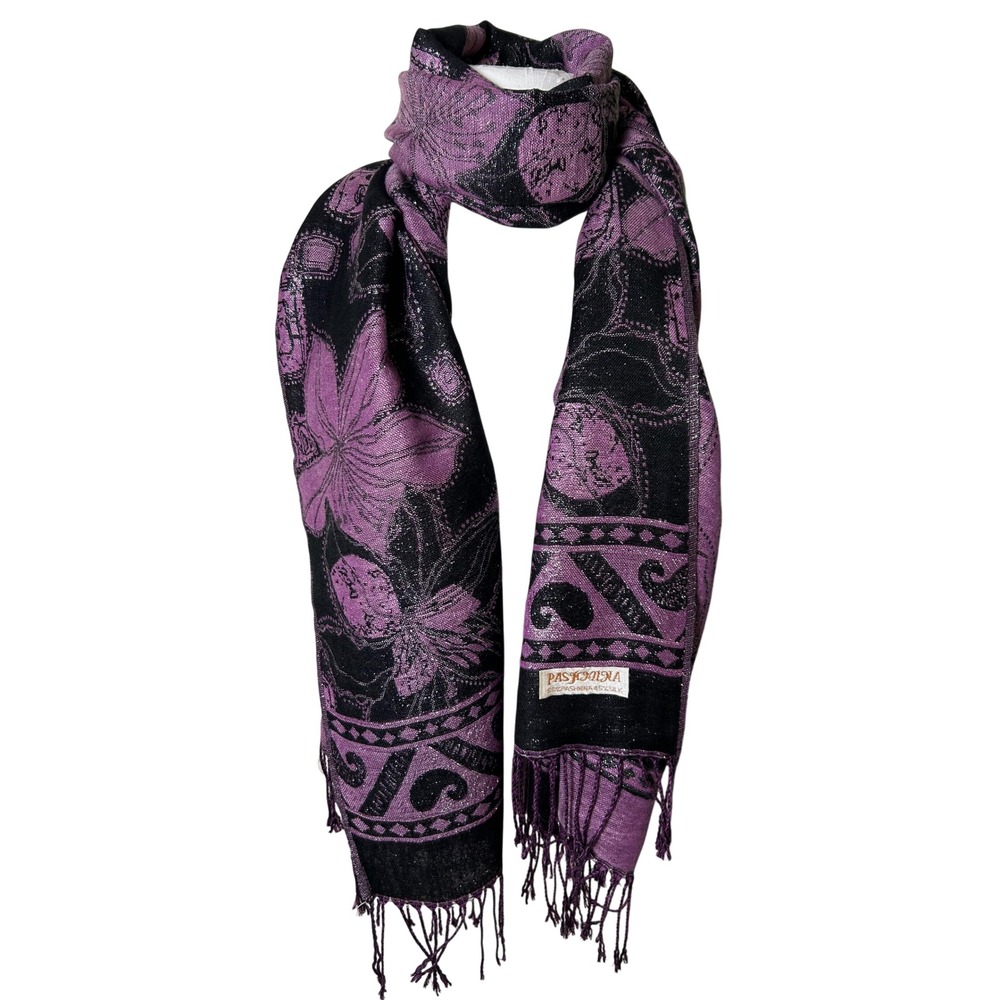 Pashmina Silk Blend Floral Metallic Shawl Wrap Purple Black Festival Boho